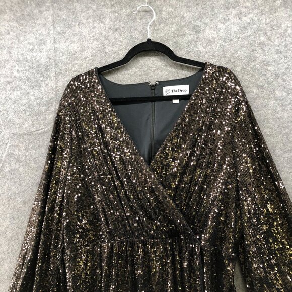 The Drop Helena Sequin Wrap Dress Womens 2X Gold Black Long Sleeve Mini V-Neck - Picture 3 of 13